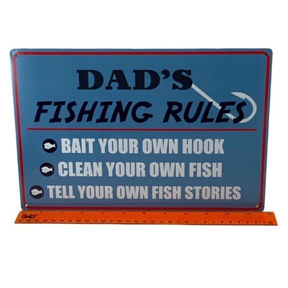 Metal Sign Dad’s Fishing Rules Wall Plaque Retro Vintage Style Coastal Nnautical - Picture 11 of 14
